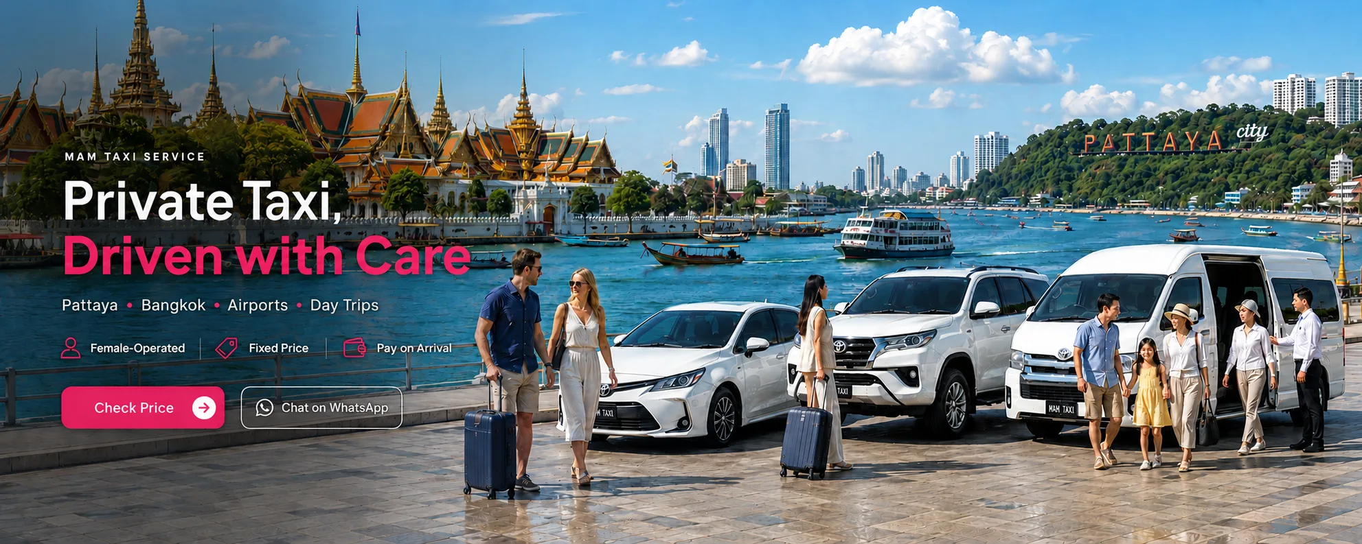 Mam Taxi Service — Private Taxi, Driven with Care. Three white cars — sedan, SUV and van — by Pattaya Bay with the PATTAYA sign