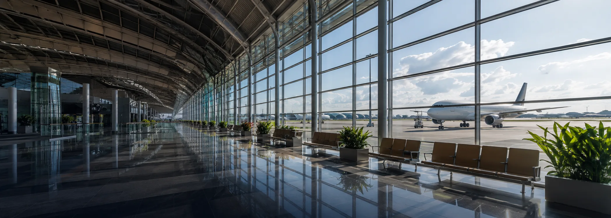 Suvarnabhumi Airport terminal with an aircraft outside the window