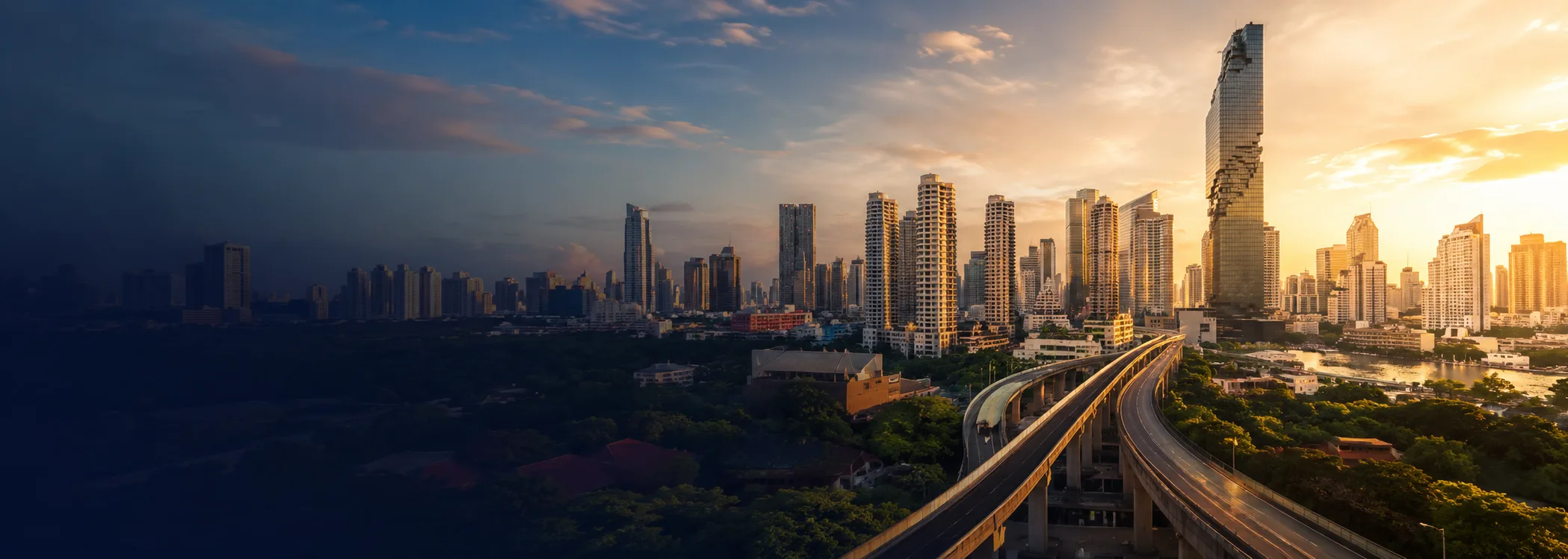Bangkok city skyline with expressway at sunset